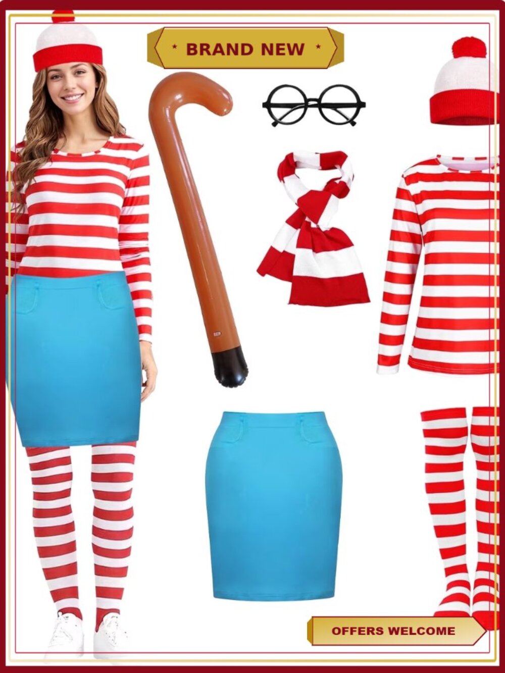 Red White Striped Costume Suit Set with Hat Glasses Halloween Cosplay